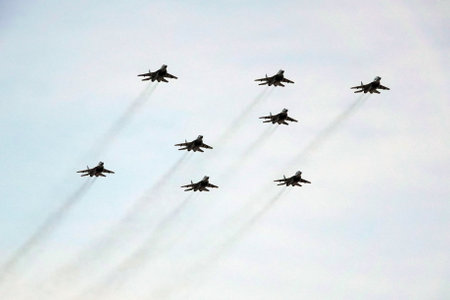 MIG-29SMT fighters fly in the sky over Red Square during the dress rehearsal of the parade dedicated to the 77th anniversary of Victory in the Great Patriotic Warのeditorial素材