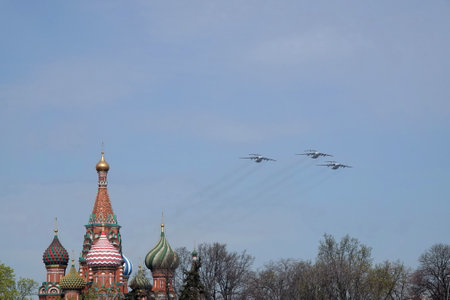 IL-76MD military transport planes over Moscow's Red Square during the dress rehearsal of the Victory Day air paradeのeditorial素材