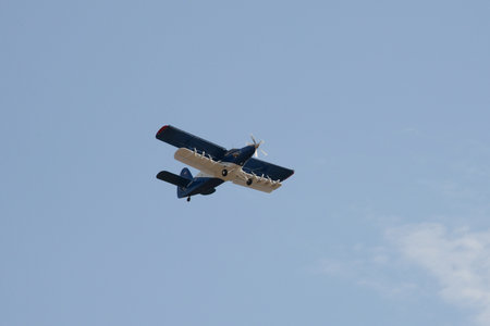 The light multipurpose aircraft TVS-2MS Partizan in the sky at the International Aviation and Space...