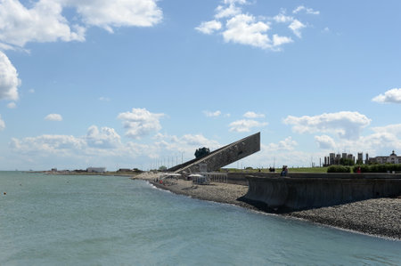 View of the city beach and the ensemble-memorial "Malaya Zemlya" in the hero city of Novorossiyskのeditorial素材