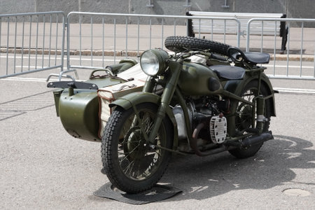 Soviet heavy motorcycle M-72 with a sidecar at the exhibition of military equipment in the Central Park of Culture and Recreation. M. Gorky of Moscowのeditorial素材