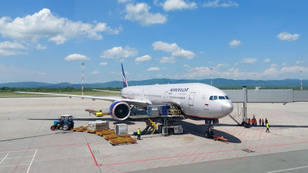 Aeroflot Boeing 777-300ER "Anton Chekhov" aircraft at Vladivostok airportのeditorial素材