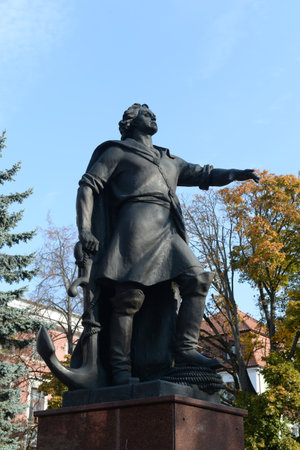 Monument to Peter I, the founder of the Russian Navy at the headquarters of the Baltic Fleet in Kaliningradのeditorial素材