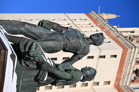 Sculptural composition at the entrance to the main building of Moscow State University named after MV Lomonosovのeditorial素材