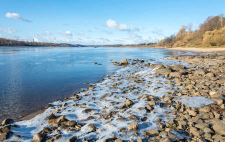 Sloping rocky shore of the Volga river near the town of Tutaev, Yaroslavl region.の写真素材