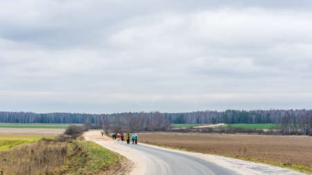 a group of tourists On the road off into the woodsの写真素材
