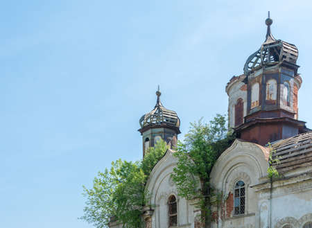 The ruins of the old religious buildings the roof of which is overgrown with trees.の写真素材