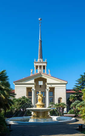 The building of the Maritime station in Sochi, Krasnodar region, Russia, October 8, 2015. In the foreground is a fountain with a sculpture of the Goddess of navigation.のeditorial素材