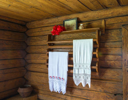 White linen towels in an old village hut, Ivanovo oblast, Russia.の写真素材