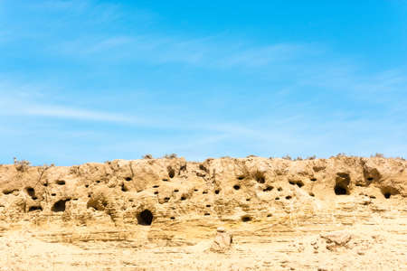 Cliff with the bird's nests against the blue sky.の写真素材