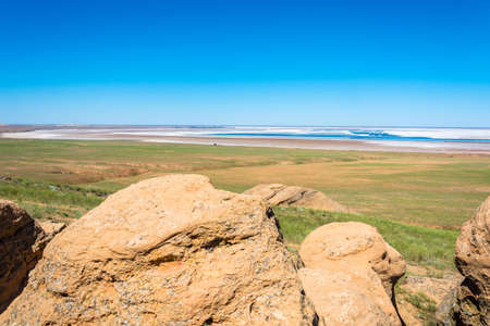 View of the lake Baskunchak with mount Big Bogdo, Nizhniy Baskunchak, Astrakhan region, Russia.の写真素材