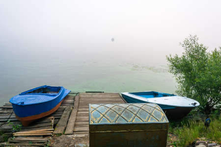 Misty morning on the river Volga, the city of Ples, Ivanovo region, Russia.の写真素材