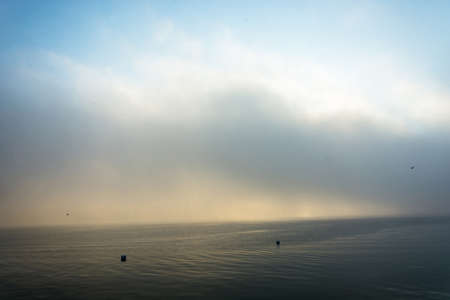 Misty morning on the river Volga, the city of Ples, Ivanovo region, Russia.の写真素材