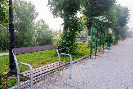 The city of Ples, Ivanovo region, Russia - June 27, 2015: the Quay of the Volga river early on a misty morning, June 27, 2015, the city of Ples, Ivanovo region, Russia.のeditorial素材