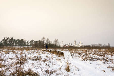 View of the Nikolo-Tikhonov monastery Luh winter day, Timiryazevo village, Ivanovo region, Russia.の写真素材