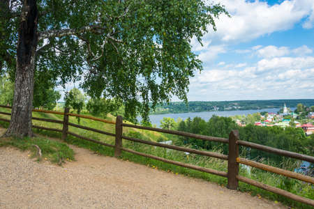 A beautiful view of the city of Ples with high mountains on a Sunny summer day, Ivanovo region, Russia.の写真素材