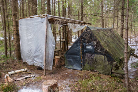 Dwelling of the hermit in the spruce forest on a cloudy spring day.の写真素材