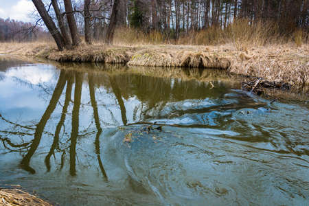 Beautiful river scenery in spring April day in the Ivanovo region, Russia.の写真素材
