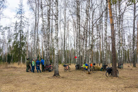 Ivanovo, Ivanovo region, Russia - April 19, 2015: Cycling in a birch forest not far from Ivanov, April 19, 2015, Ivanovo, Ivanovo region, Russia.のeditorial素材