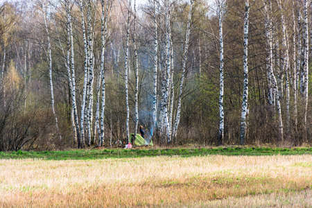 Ivanovo region, Russia - may 2, 2015: In the camp of Cycling in early spring, may 2, 2015, Ivanovo region, Russia.のeditorial素材
