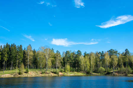 Beautiful river landscape on a Sunny day in May, Ivanovo, Russia.の写真素材