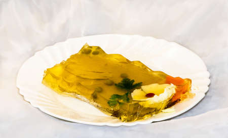 Delicious cold snack ? aspic meat on a white plate.の写真素材