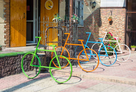 Bright multi-colored models of bikes, made of metal pipes.のeditorial素材