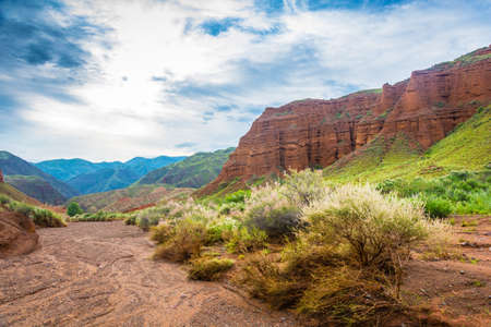 Beautiful mountain landscape in the Aeolian mountains on a summer day, Kyrgyzstan.の写真素材
