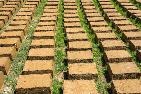 A hand-made bricks from clay and straw to dry in the sun.
