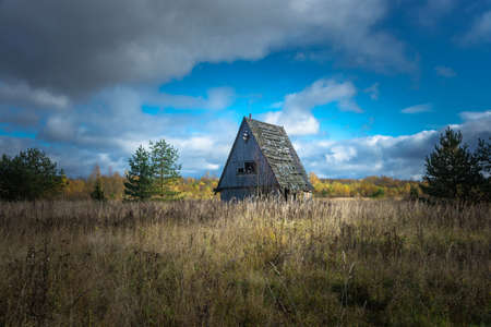Old collapsing house standing alone in a field in autumn sunny day.の写真素材