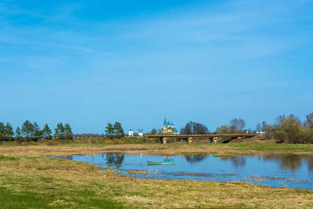 Beautiful landscape with the assumption Dunilovskiy a convent in spring Sunny day, Ivanovo oblast,...