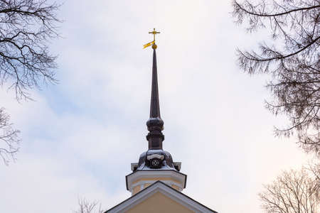 Spire Znamenskaya Church on the background of white clouds in Tsarskoye Selo, Russia.の写真素材