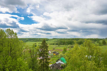 Beautiful panorama of the village of Mikhailovskoye from the bell tower of the Church of the Holy Archangel Michael and the bodiless hosts.の写真素材