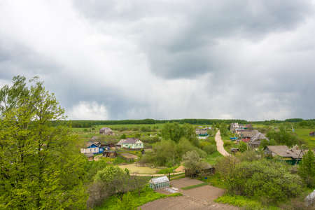 Beautiful panorama of the village of Mikhailovskoye from the bell tower of the Church of the Holy Archangel Michael and the bodiless hosts.の写真素材