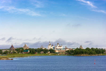 View of the Spaso-Preobrazhensky Solovetsky monastery from the White sea, Arkhangelsk oblast,...