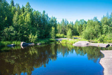 Big stone plateau with the White sea petroglyphs of Karelia, Russia.の写真素材
