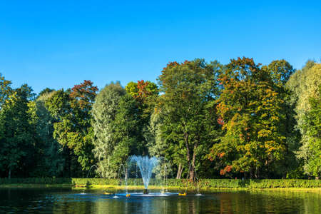 A small pond with fountain in autumn Sunny day in the Park of Peterhof, Russia.の写真素材