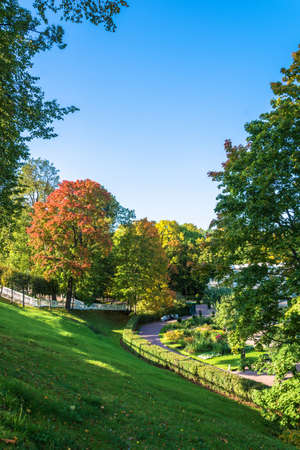 Beautiful autumn area on a Sunny day in the Park of Peterhof, Russia.の写真素材