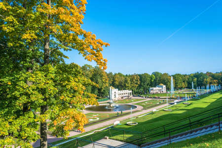 Peterhof, Russia - September 28, 2017: the Lower Park of the Peterhof in the autumn Sunny day on 28 September 2017 in Peterhof, Russia.のeditorial素材