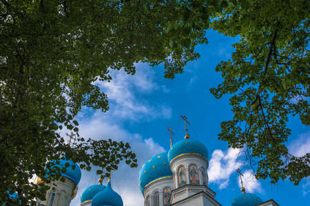 Blue Church domes of the Pokrovsky Avraamiev-Gorodetsky monastery near the village of Norkino, Chukhloma district of Kostroma oblast, Russia.のeditorial素材