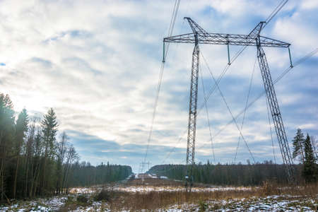 Power line leading through a forest in autumn day. の写真素材
