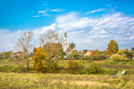 Beautiful autumn landscape in the village of Mikhailovskoye, Ivanovo region, Russia.の写真素材