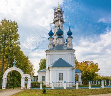 Mikhailovo Village, Ivanovo Region, Russia - 09.24.2015: Snow-white Temple of Michael the Archangel,...