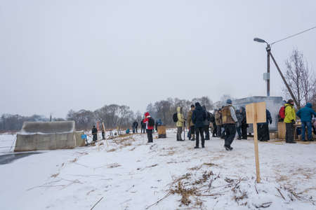 Village Vvedenye, Ivanovo region, Russia - 01/20/2018: A place equipped for bathing on the Feast of the Epiphany 20.01.2018 in the village of Vvedennye, Ivanovo region, Russia.のeditorial素材