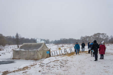 Village Vvedenye, Ivanovo region, Russia - 01/20/2018: A place equipped for bathing on the Feast of the Epiphany 01/20/2018 in the village of Vvedennye, Ivanovo region, Russia.のeditorial素材