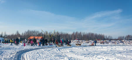 Uglich city, Yaroslavl region, Russia - 10/02/2018: Dog sledding at the festival Winter fun in Uglich, 10.02.2018 in Uglich, Yaroslavl region, Russia.のeditorial素材