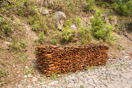 A big pile of firewood on the background of rocks and green grass and bushes.