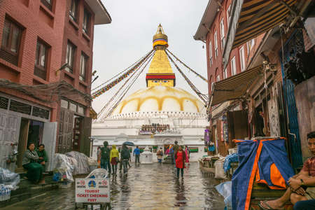 Kathmandu, Nepal-March 26, 2018: Rainy day at the Bodnath stupa March 26, 2018 in Kathmandu, Nepal. 