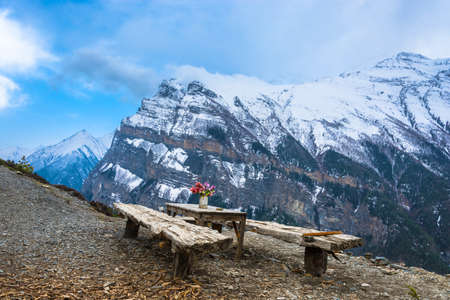 Beautiful holiday destination at the top of the mountain in the Himalayas and against the snowy...