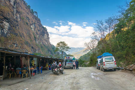 Track around Annapurna, Nepal-11.04.2018: Cafe on the road 11 April 2018 on the track around Annapurna, Nepal.のeditorial素材
